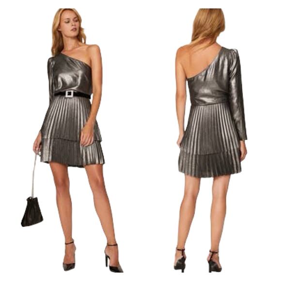 Derek Lam Metallic One Shoulder Pleated Dress Size Black Silver Size EU 36 - Picture 12 of 12
